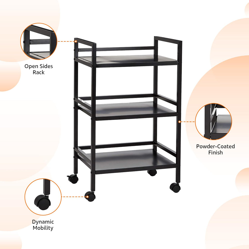 3-Tier Black Metal Rolling Utility Cart D812
