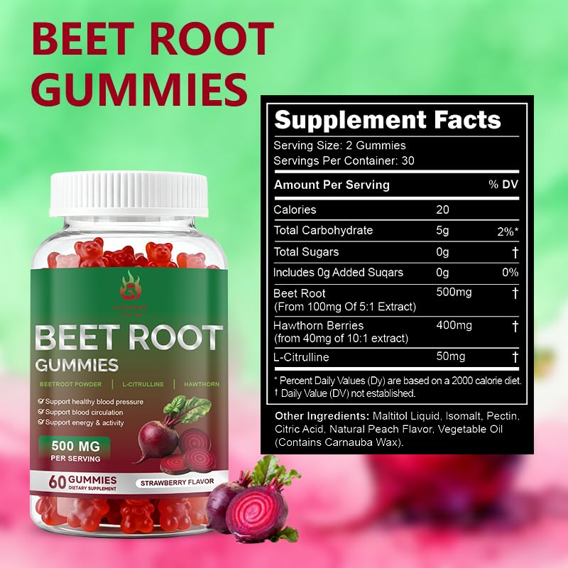Beet Root Gummies 60 Chews Vegan Non-GMO Gluten Free Supplement X8544