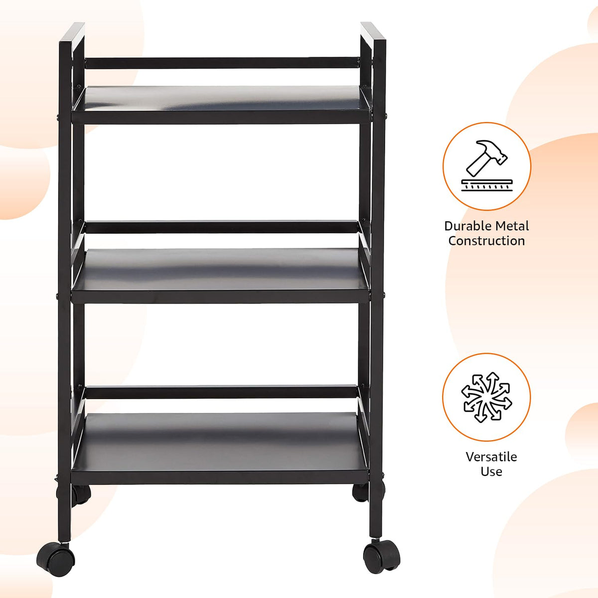 3-Tier Black Metal Rolling Utility Cart D812