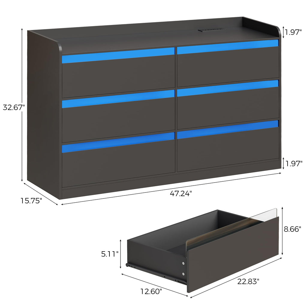Black Dresser with Power Outlet and LED Lights L7749