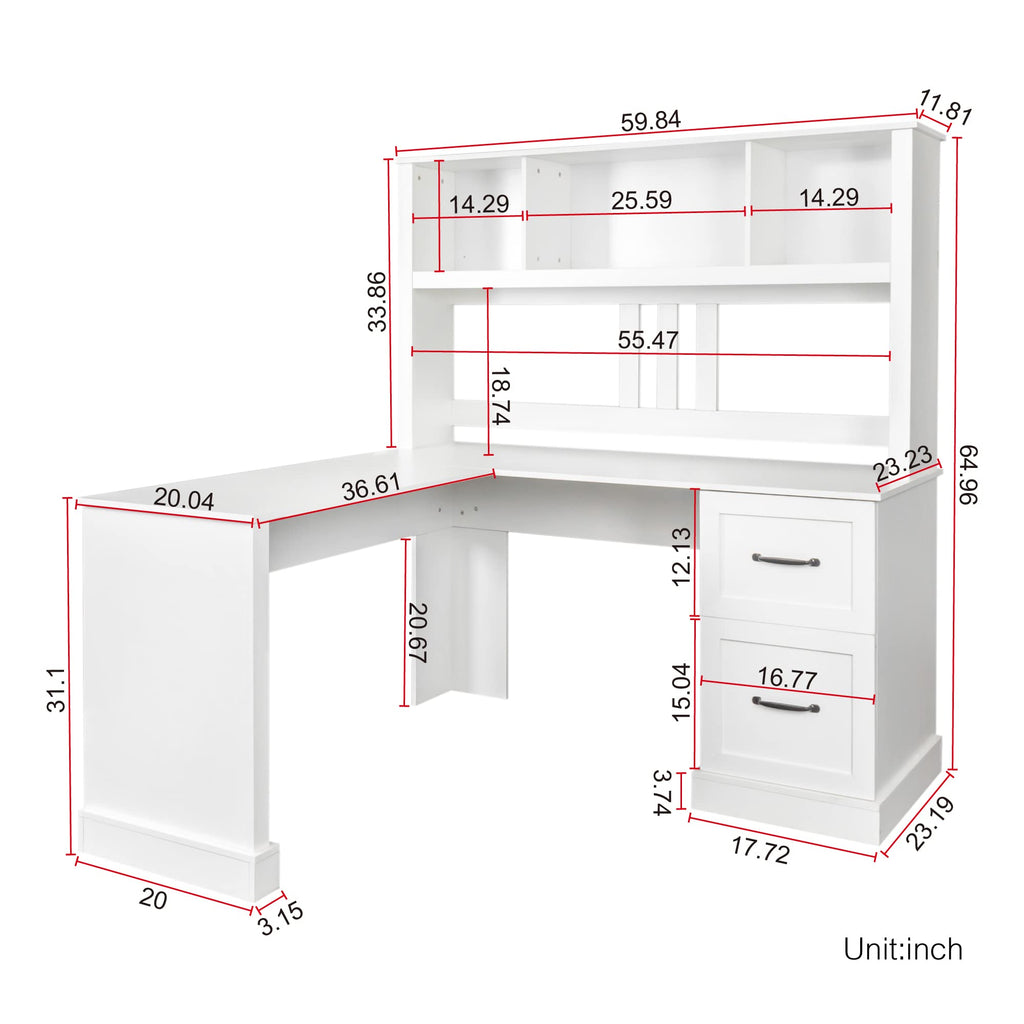 L Shaped Desk with Hutch, Drawer & Shelves, White I66058