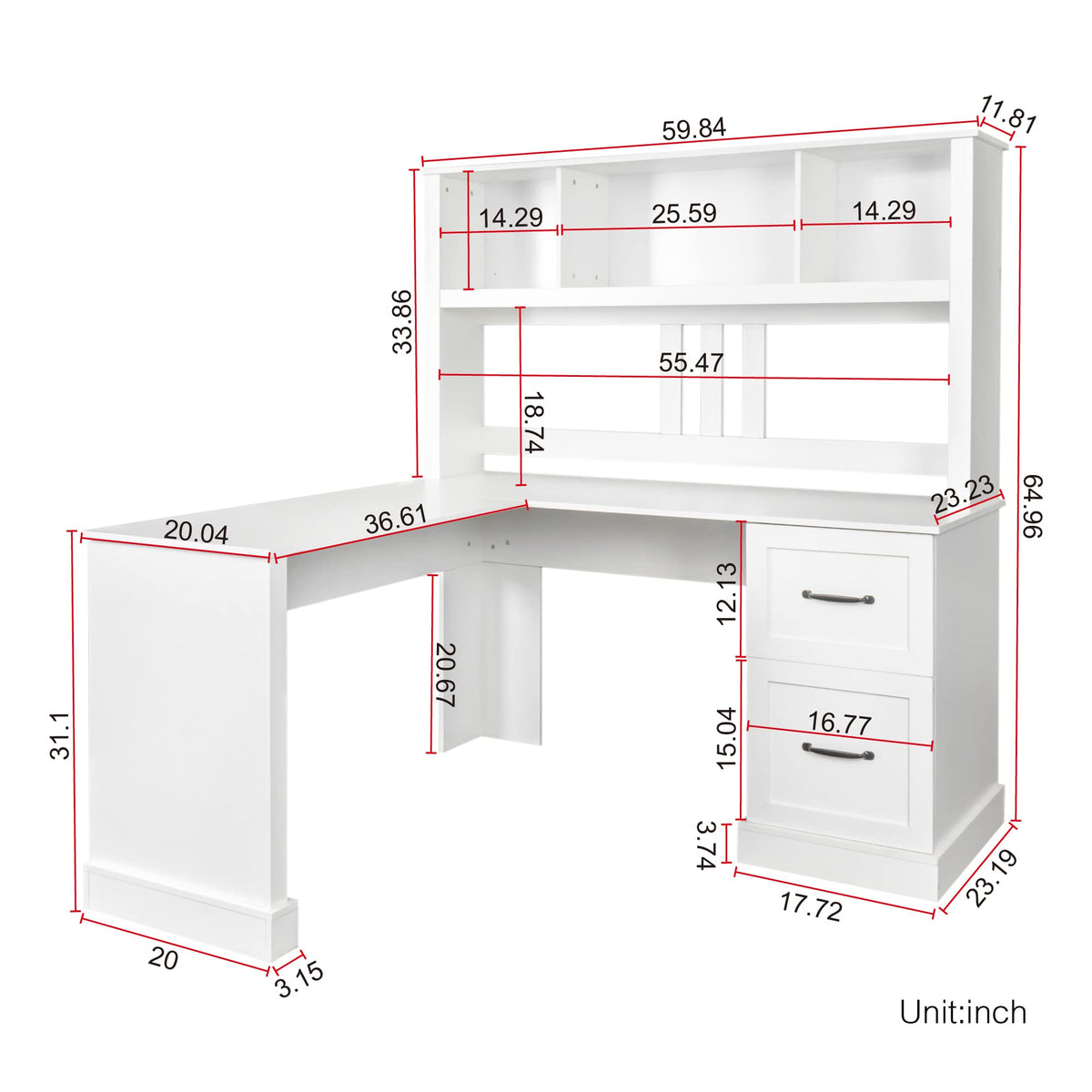 L Shaped Desk with Hutch, Drawer & Shelves, White I66058