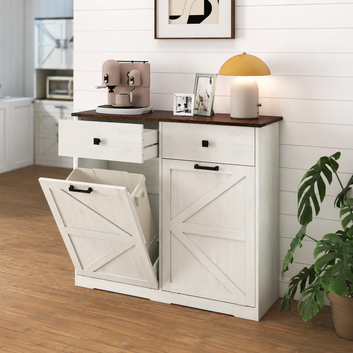 White Double 10 Gallon Tilt Out Trash Can Cabinet I52239