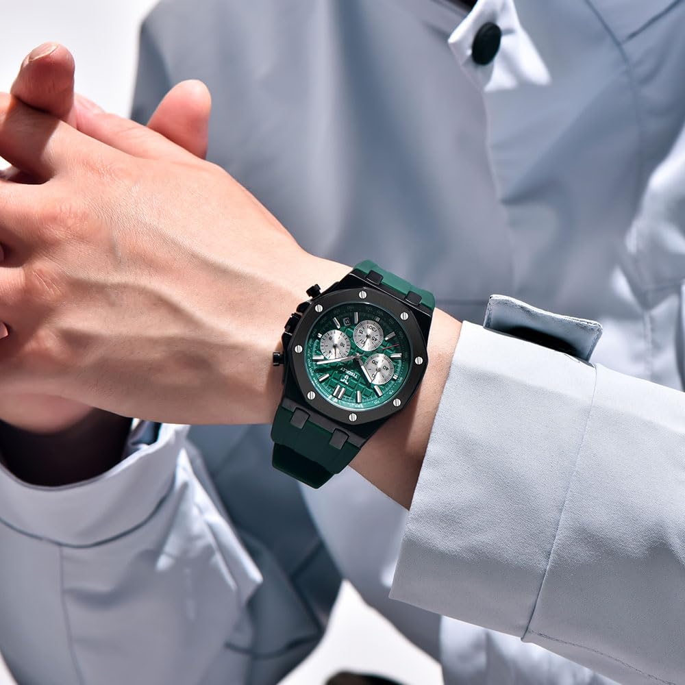 Men's Quartz Chronograph Watch 41MM Waterproof Rubber Strap Luminous G720307