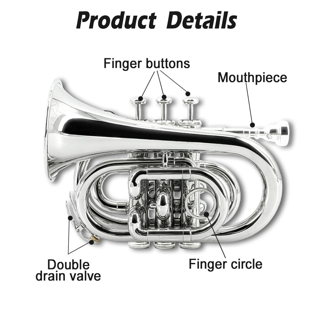 Pocket Trumpet Mini Brass Instrument with 7C Mouthpiece & Case S73066