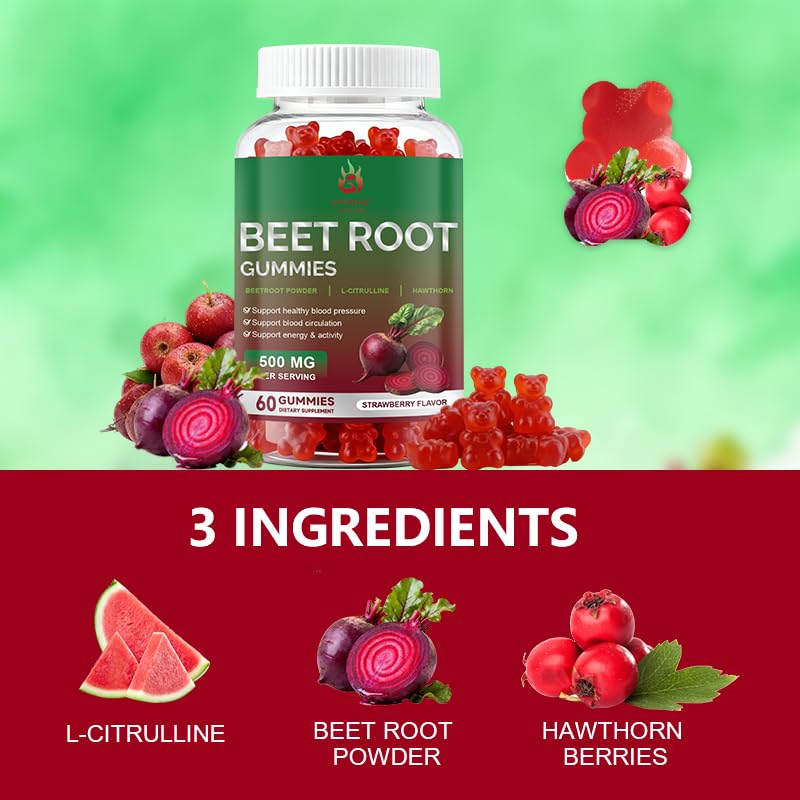 Beet Root Gummies 60 Chews Vegan Non-GMO Gluten Free Supplement X8544