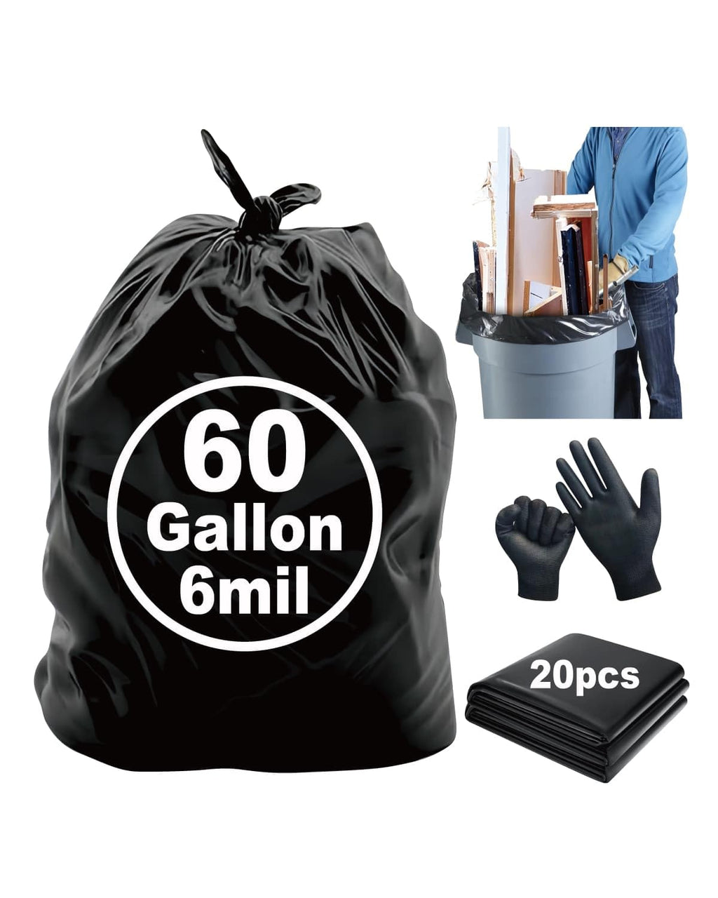 6 Mil Heavy Duty Contractor Trash Bags, 50/55/60 Gallon, Black, 20 Pack R483779