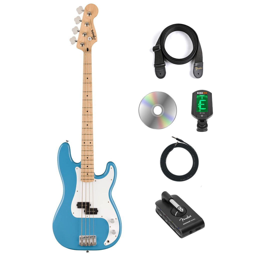 California Blue Precision Bass Guitar Bundle with Headphone Amp, Cable, Tuner, Strap Y596