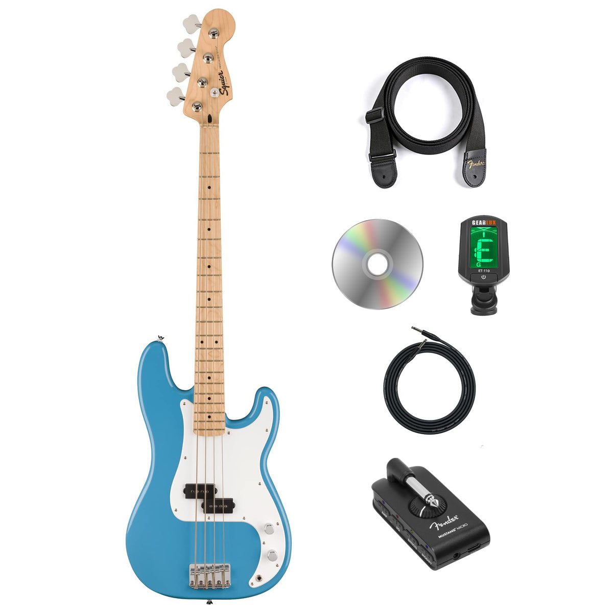 California Blue Precision Bass Guitar Bundle with Headphone Amp, Cable, Tuner, Strap Y596