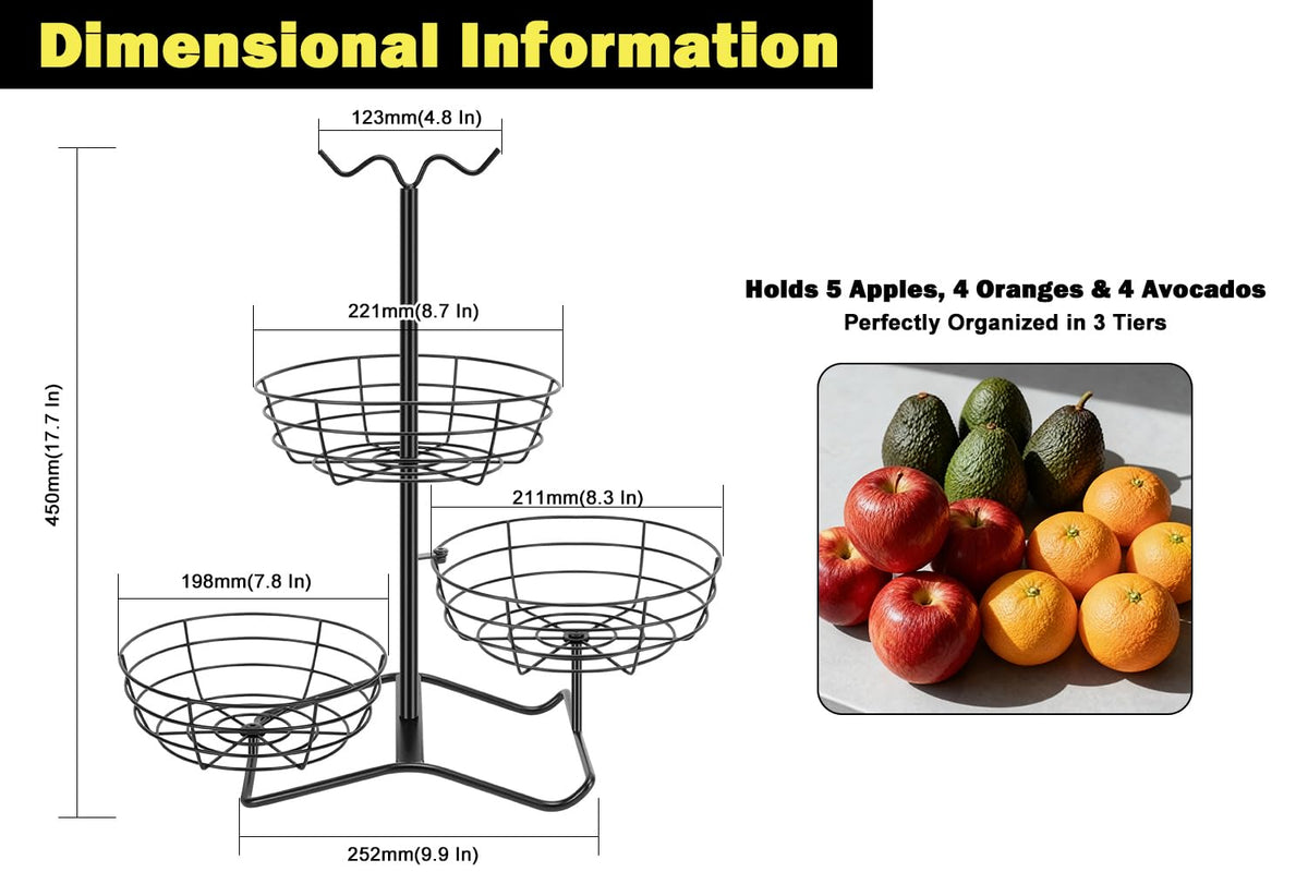 3 Tier Fruit Basket Bowl with 2 Banana Hooks M24720
