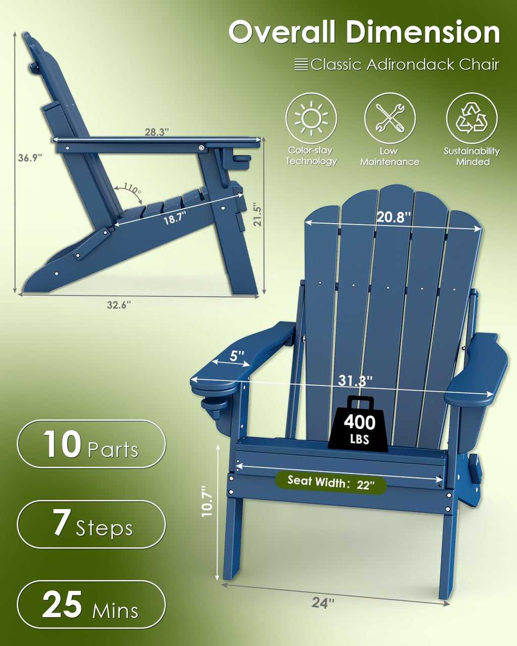 Oversized Folding Adirondack Chairs Set of 2 Blue C972394