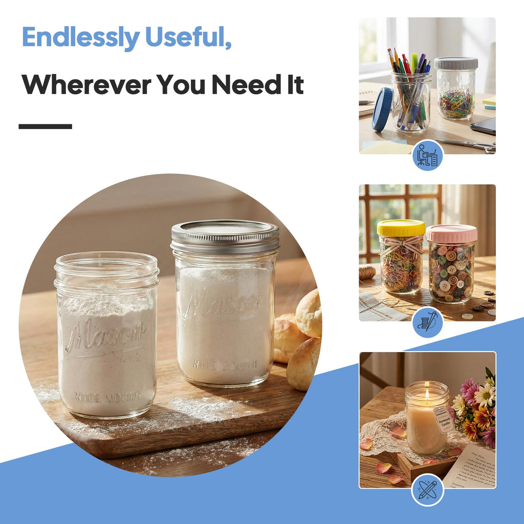 16oz 6-Pack Wide Mouth Glass Mason Jars with Airtight Lids U118