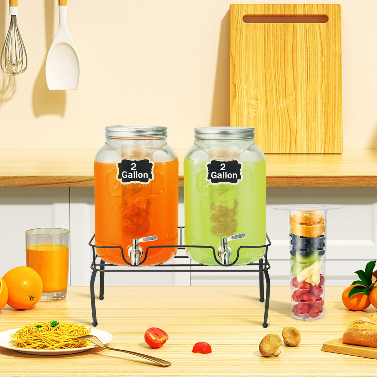 2 Gallon Glass Beverage Dispenser with Stand & Fruit Infuser L21190