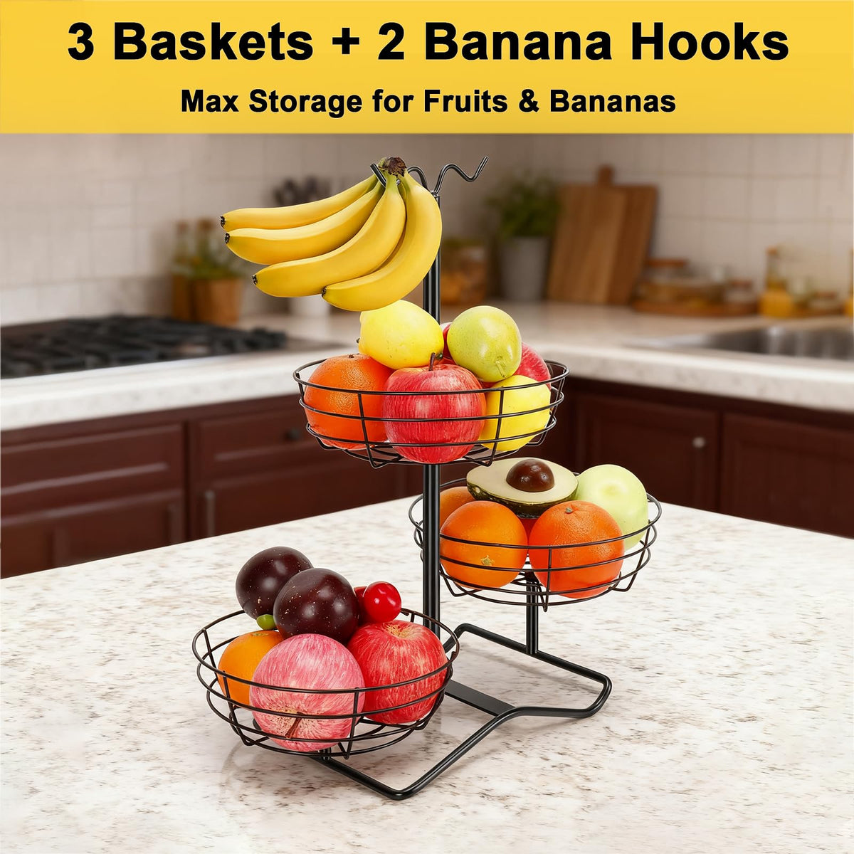 3 Tier Fruit Basket Bowl with 2 Banana Hooks M24720