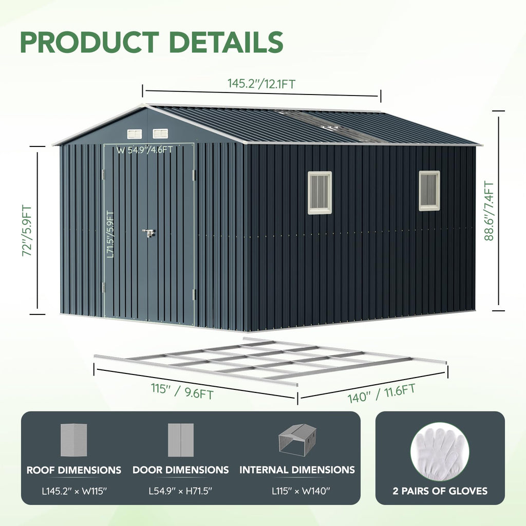 10x12X7.5FT Outdoor Steel Storage Shed with Lockable Doors and Frame Floor M63837