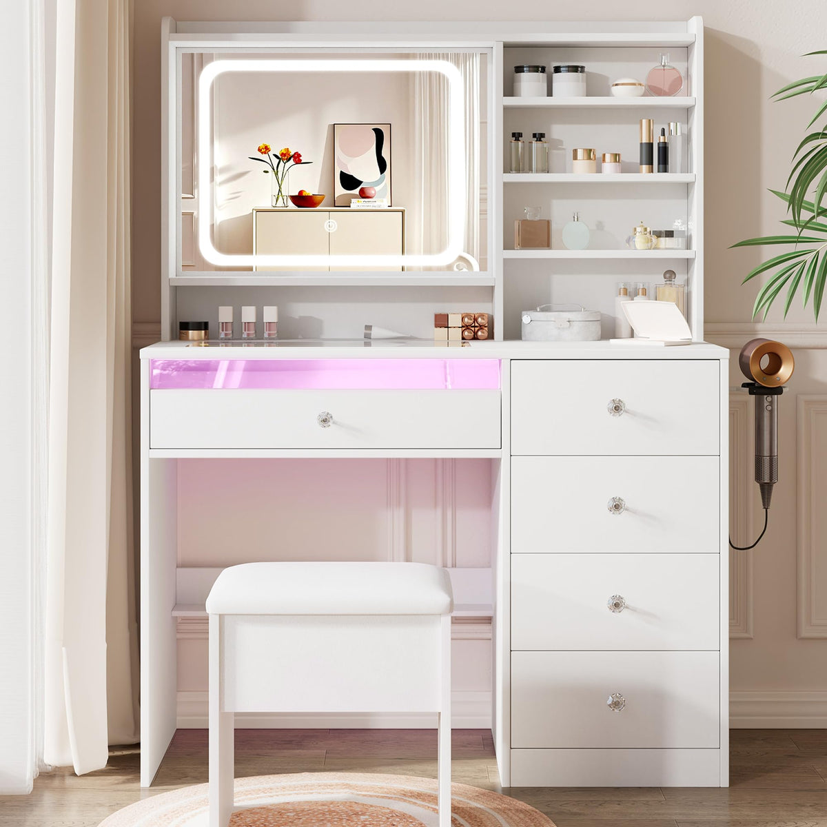 White Vanity Desk Set with Glass Desktop Y987426