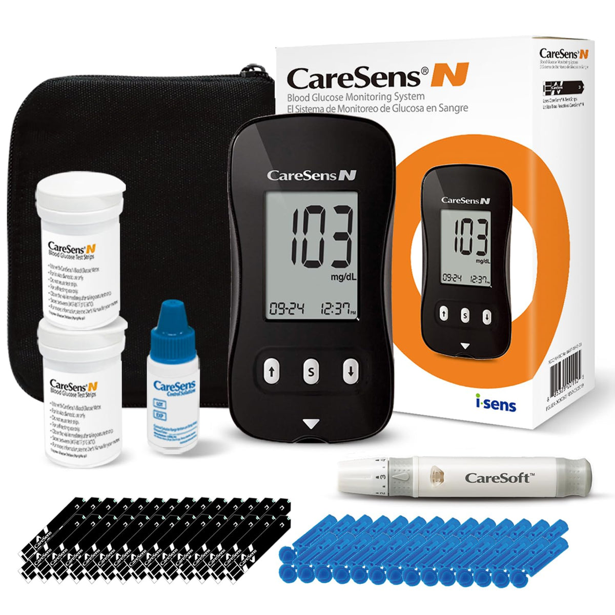 Blood Glucose Monitor Kit with 100 Test Strips, 100 Lancets, Lancing Device, Control Solution, Travel Case R35475