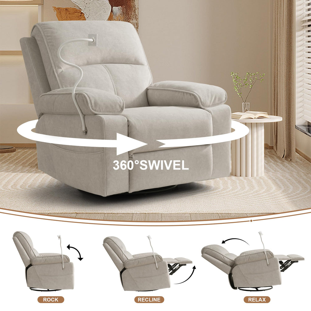 Beige Velvet Swivel Rocker Recliner Chair B8767