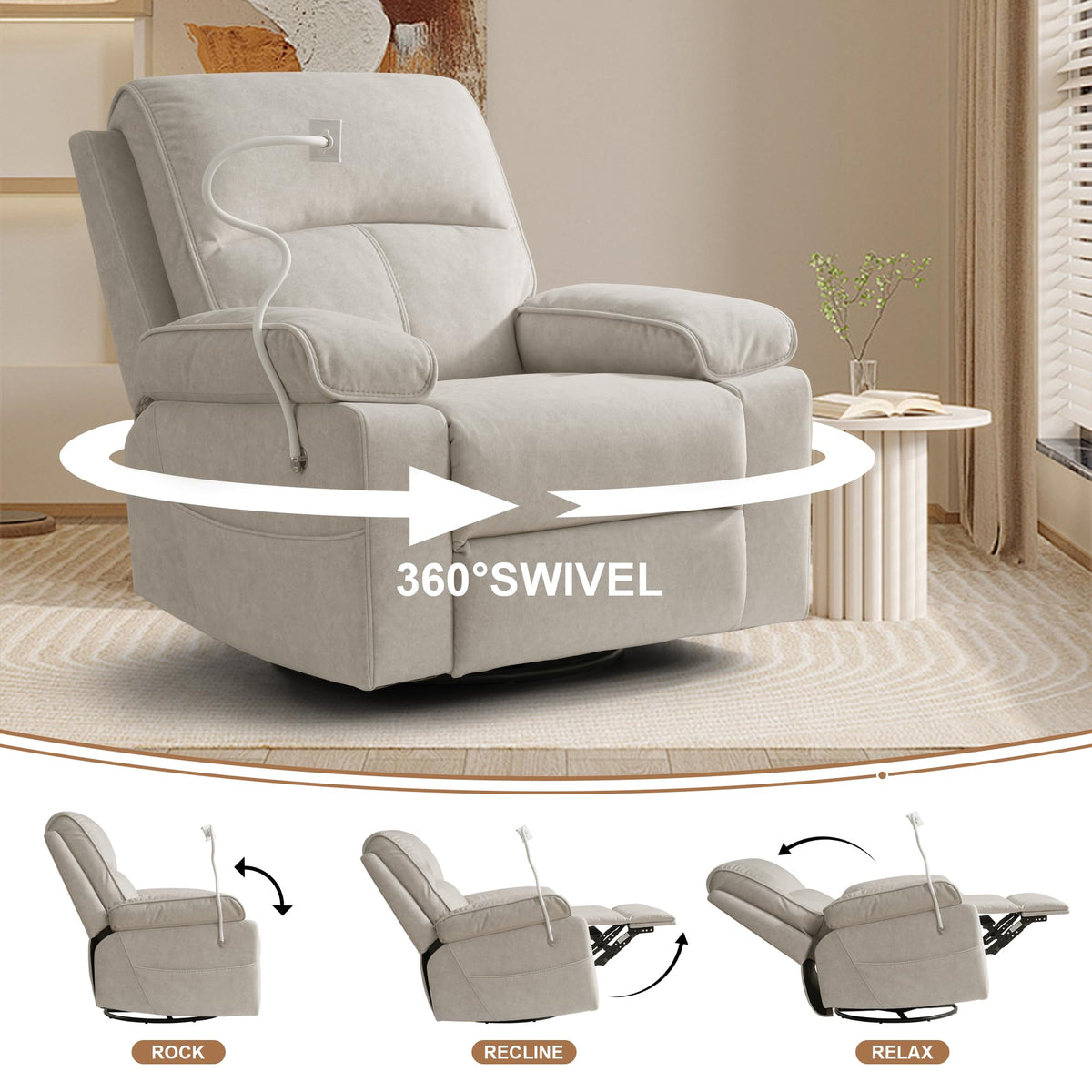 Beige Velvet Swivel Rocker Recliner Chair B8767