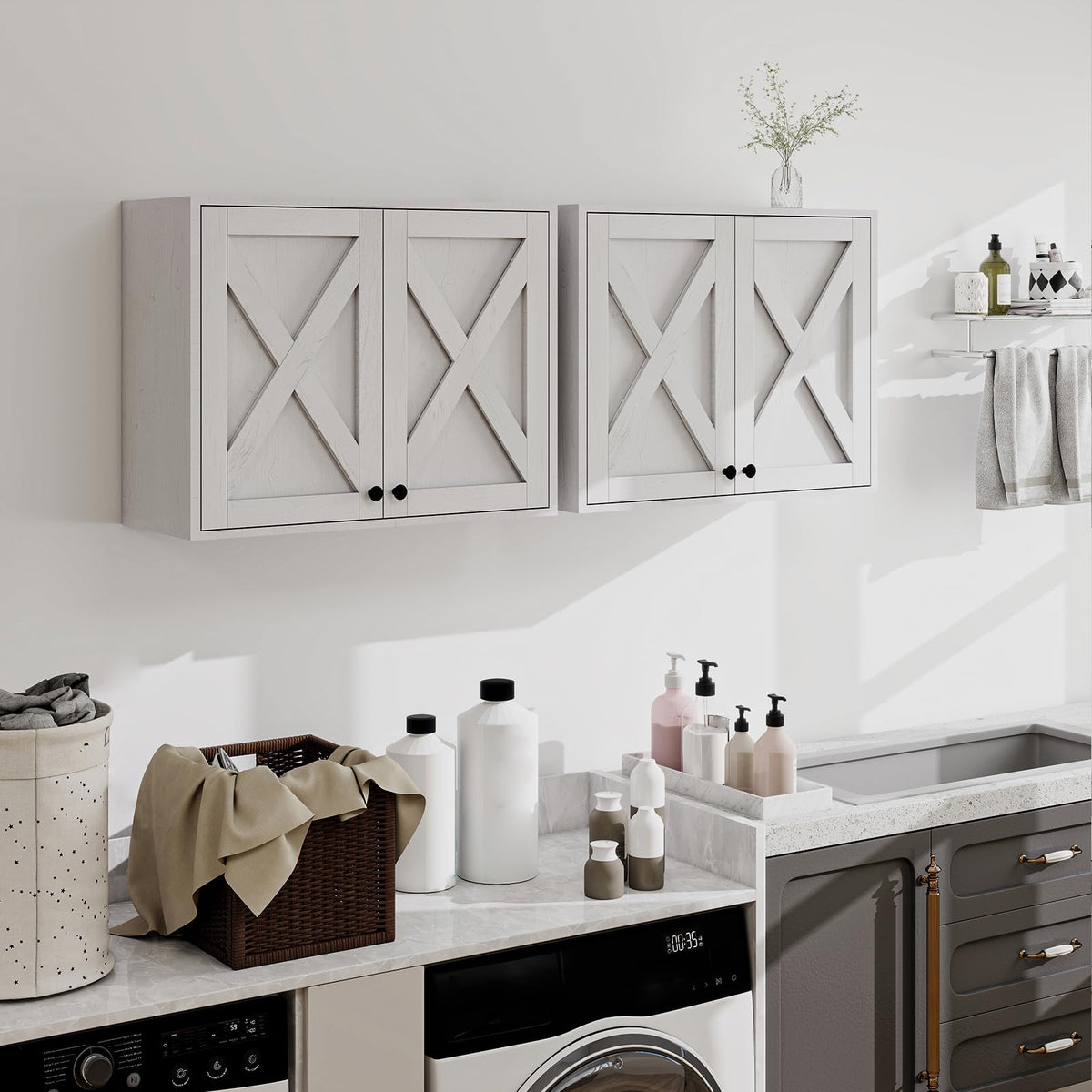 White Wall Mounted Laundry Room Cabinets W101