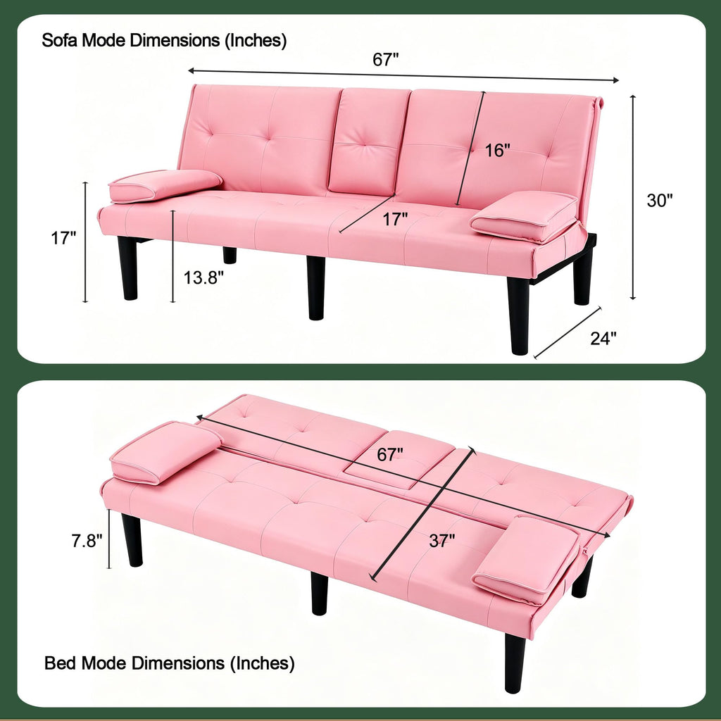 67" Convertible Sofa Bed with Cup Holders, Pink K6040