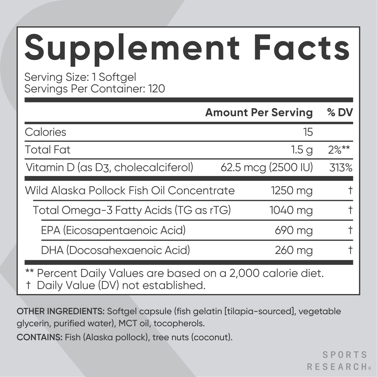 Omega-3 Fish Oil 1250mg + D3 2500iu, 120 Count H233135