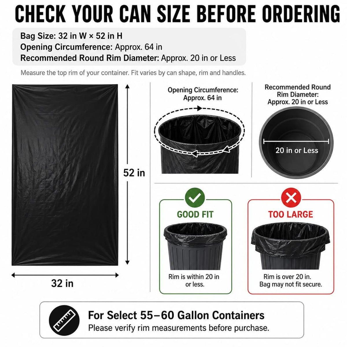 6 Mil Heavy Duty Contractor Trash Bags, 50/55/60 Gallon, Black, 20 Pack R483779