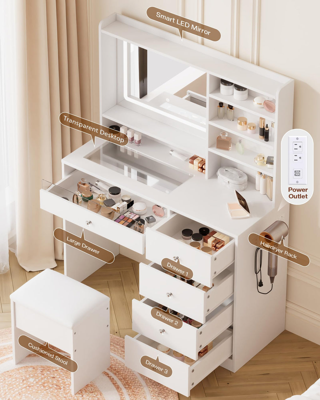 White Vanity Desk Set with Glass Desktop Y987426