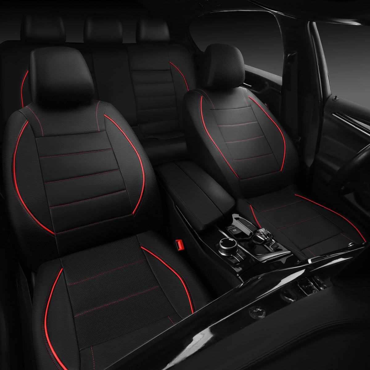Black Red Faux Leather Front Seat Covers F61522