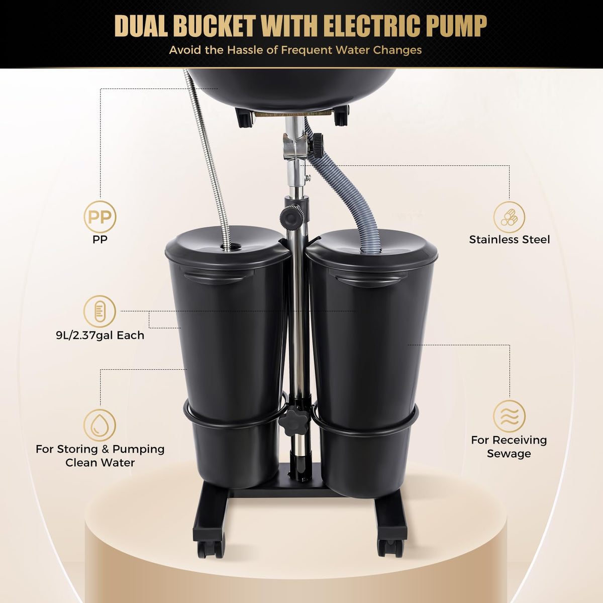 Portable ABS Shampoo Basin with 2 Water Buckets, Electric Pump and Drain Hoses R13049