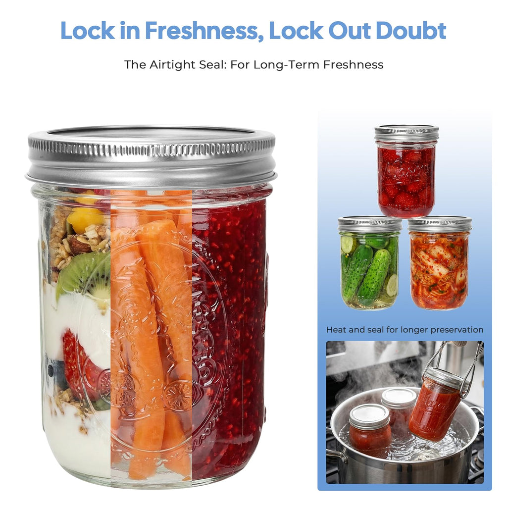 16oz 6-Pack Wide Mouth Glass Mason Jars with Airtight Lids U118