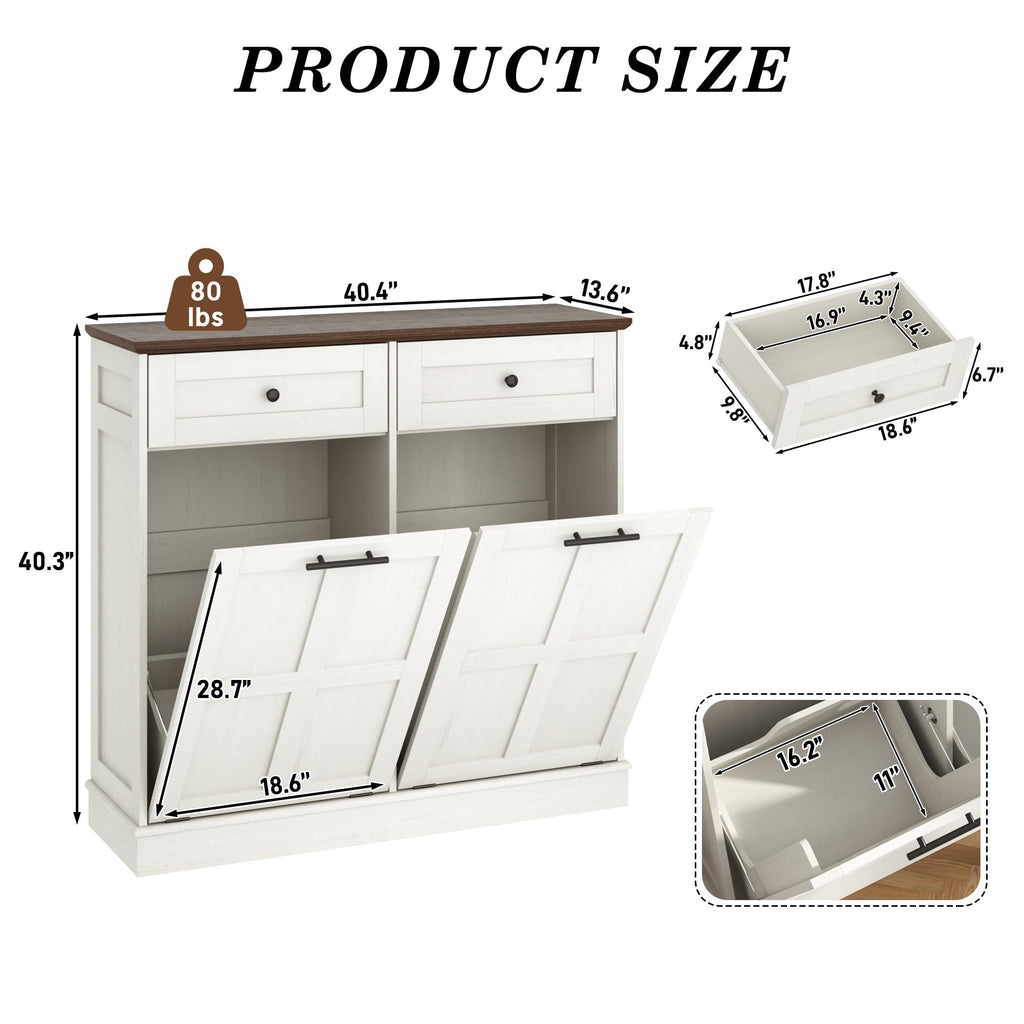 Antique White 26 Gallons Wood Trash Can Cabinet with Drawers T6644