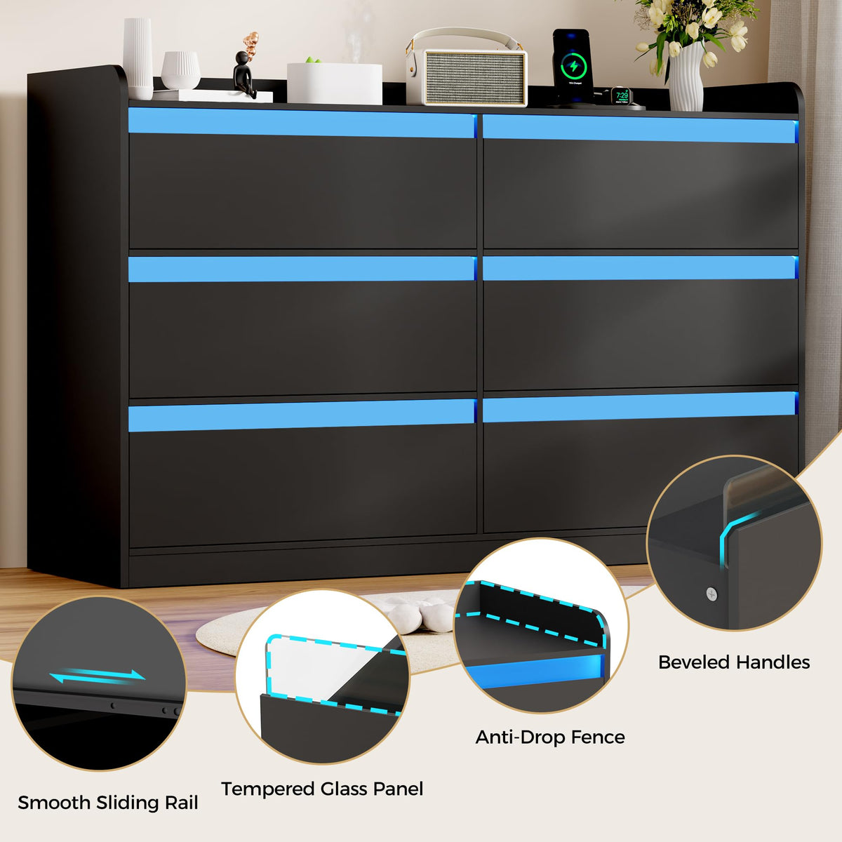 Black Dresser with Power Outlet and LED Lights L7749
