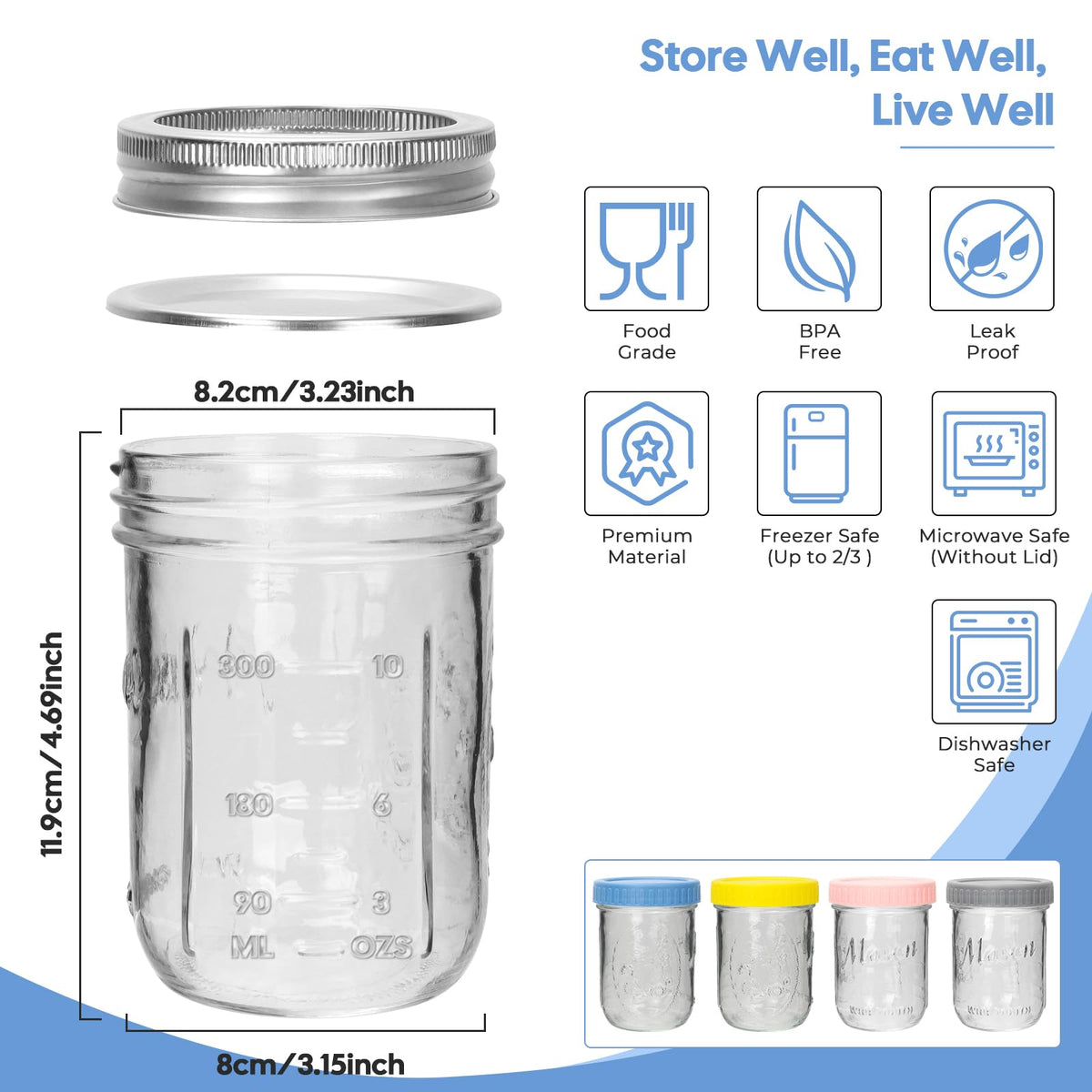 16oz 6-Pack Wide Mouth Glass Mason Jars with Airtight Lids U118