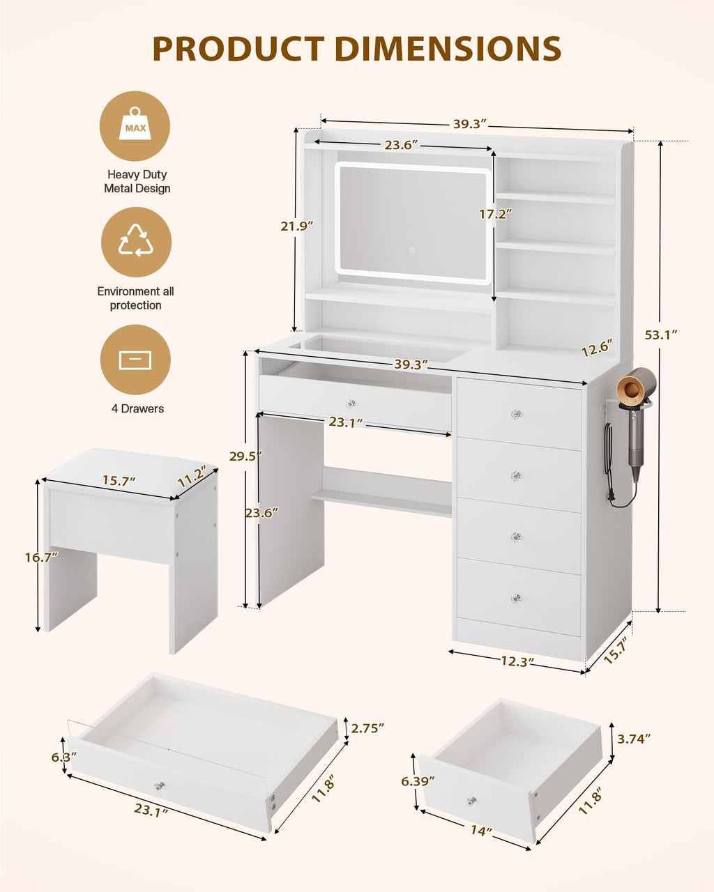 White Vanity Desk Set with Glass Desktop Y987426