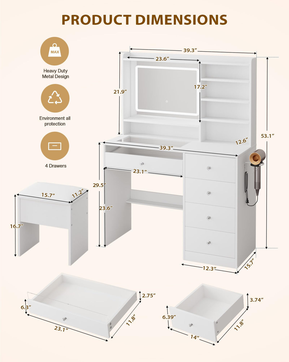 White Vanity Desk Set with Glass Desktop Y987426