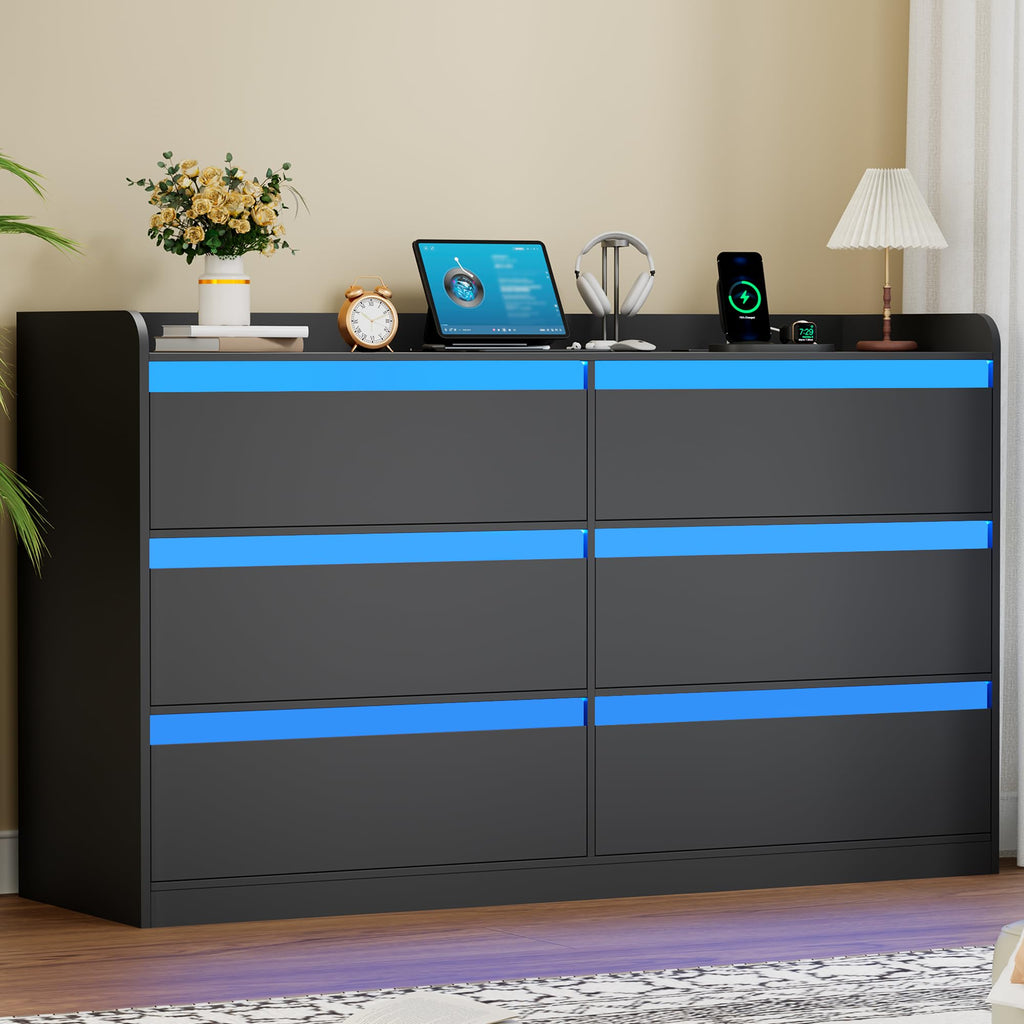 Black Dresser with Power Outlet and LED Lights L7749