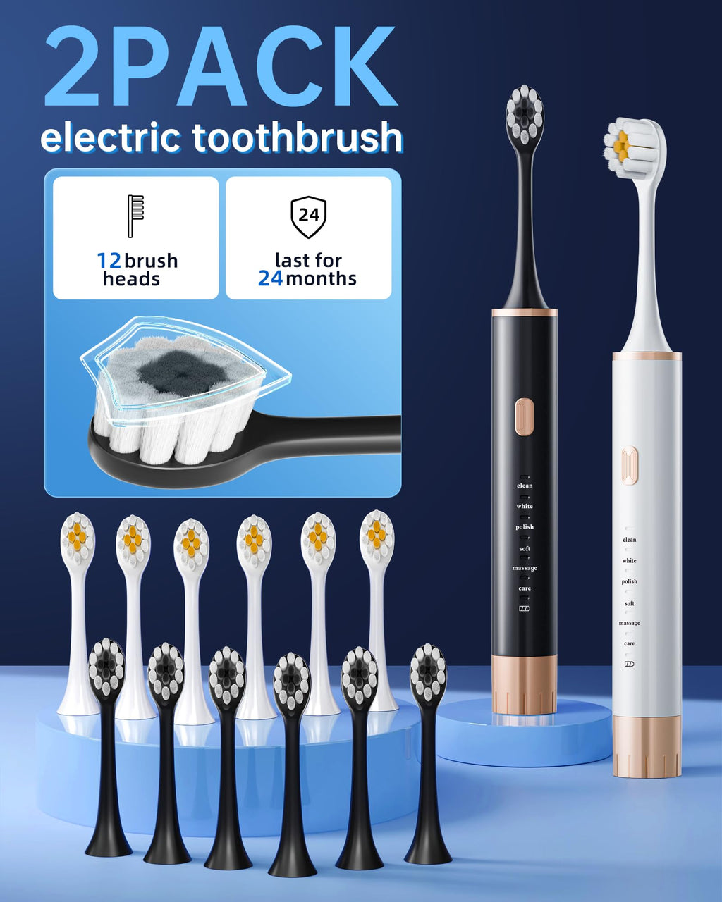 2 Pack Electric Toothbrush with 12 Replacement Heads M7886