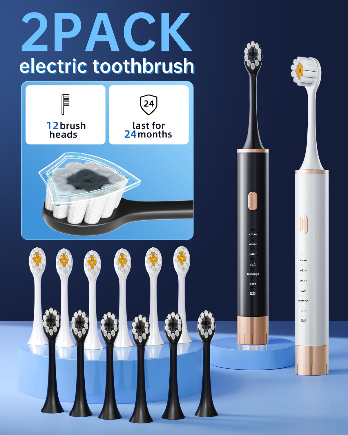 2 Pack Electric Toothbrush with 12 Replacement Heads M7886