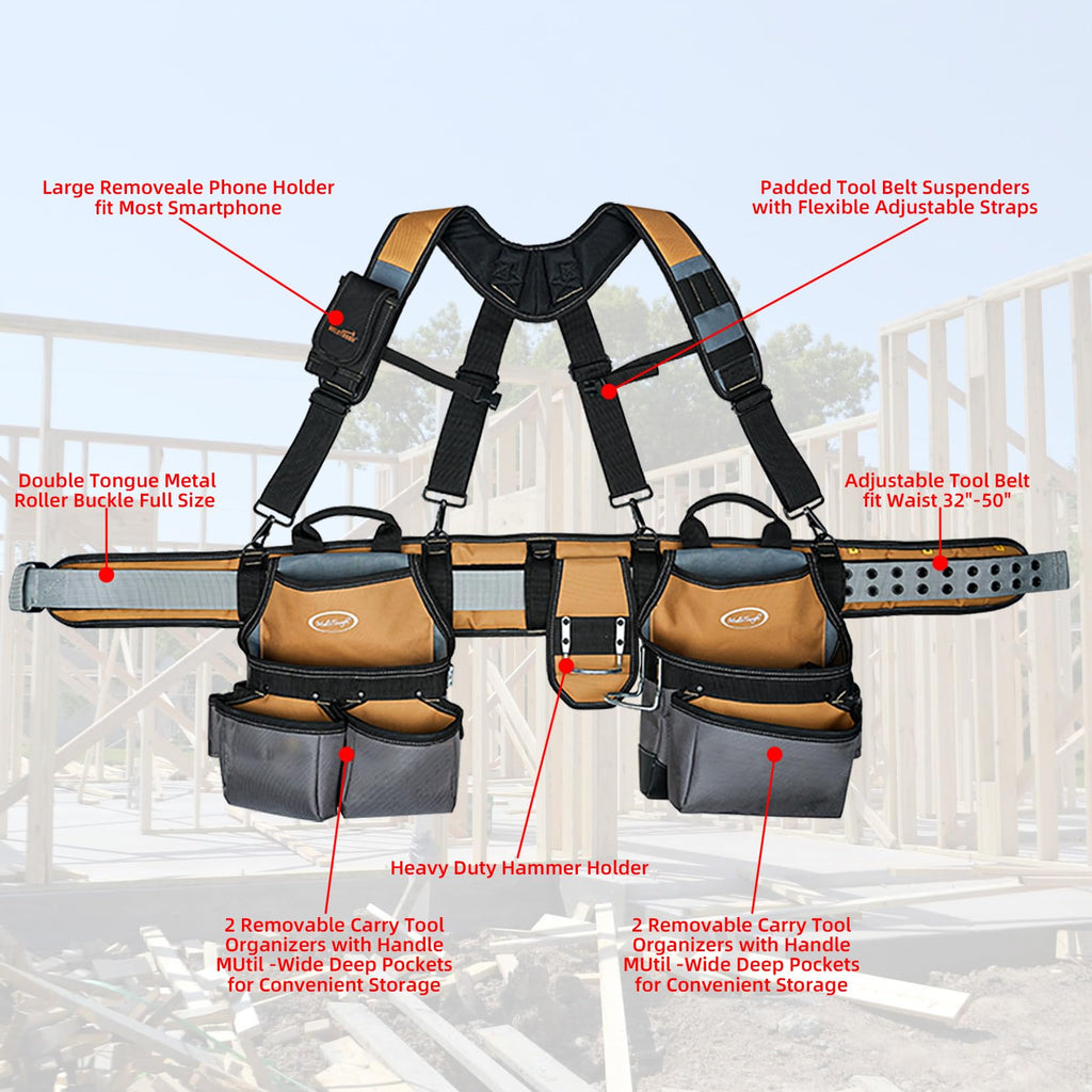Khaki 28-Pocket Tool Belt and Suspenders K843