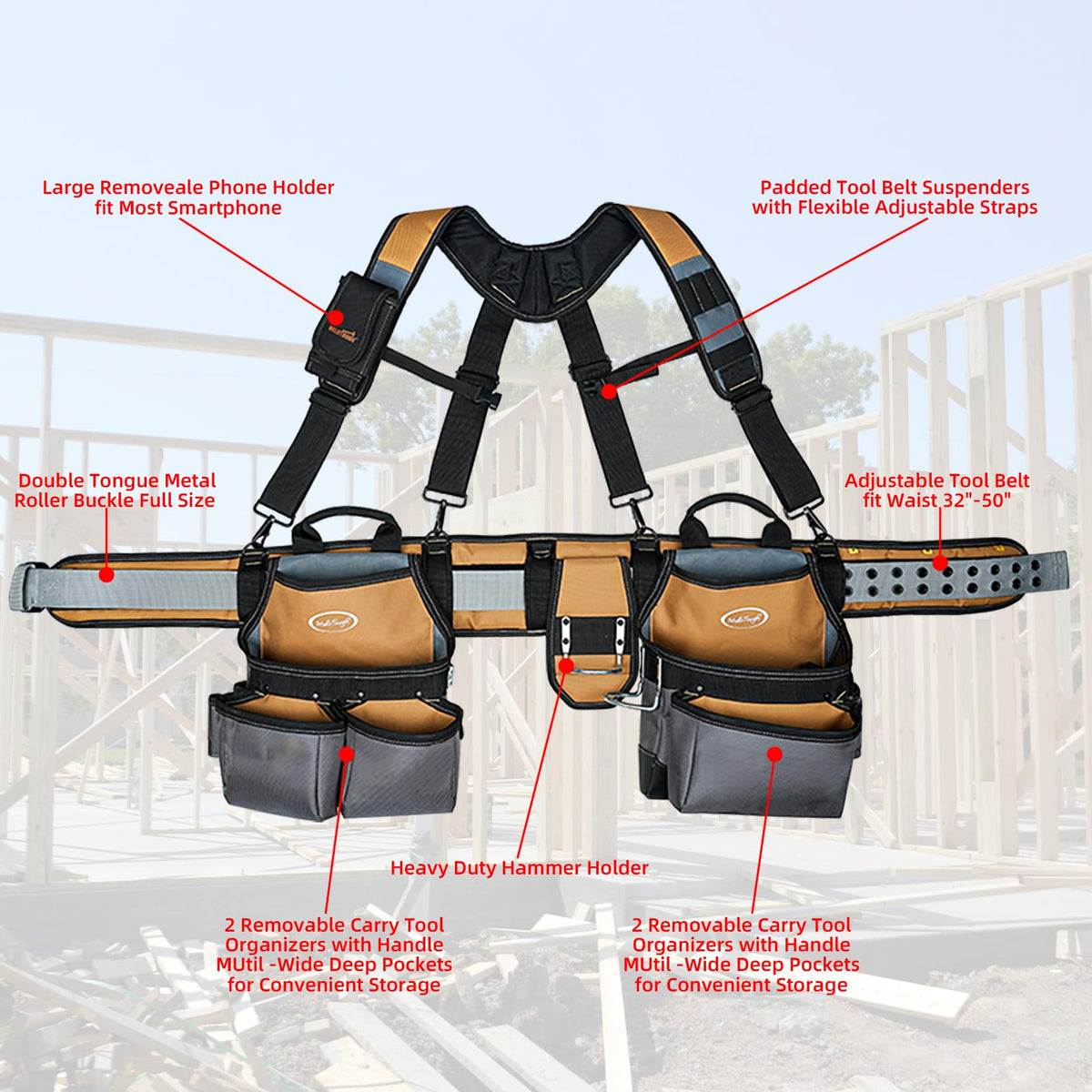 Khaki 28-Pocket Tool Belt and Suspenders K843