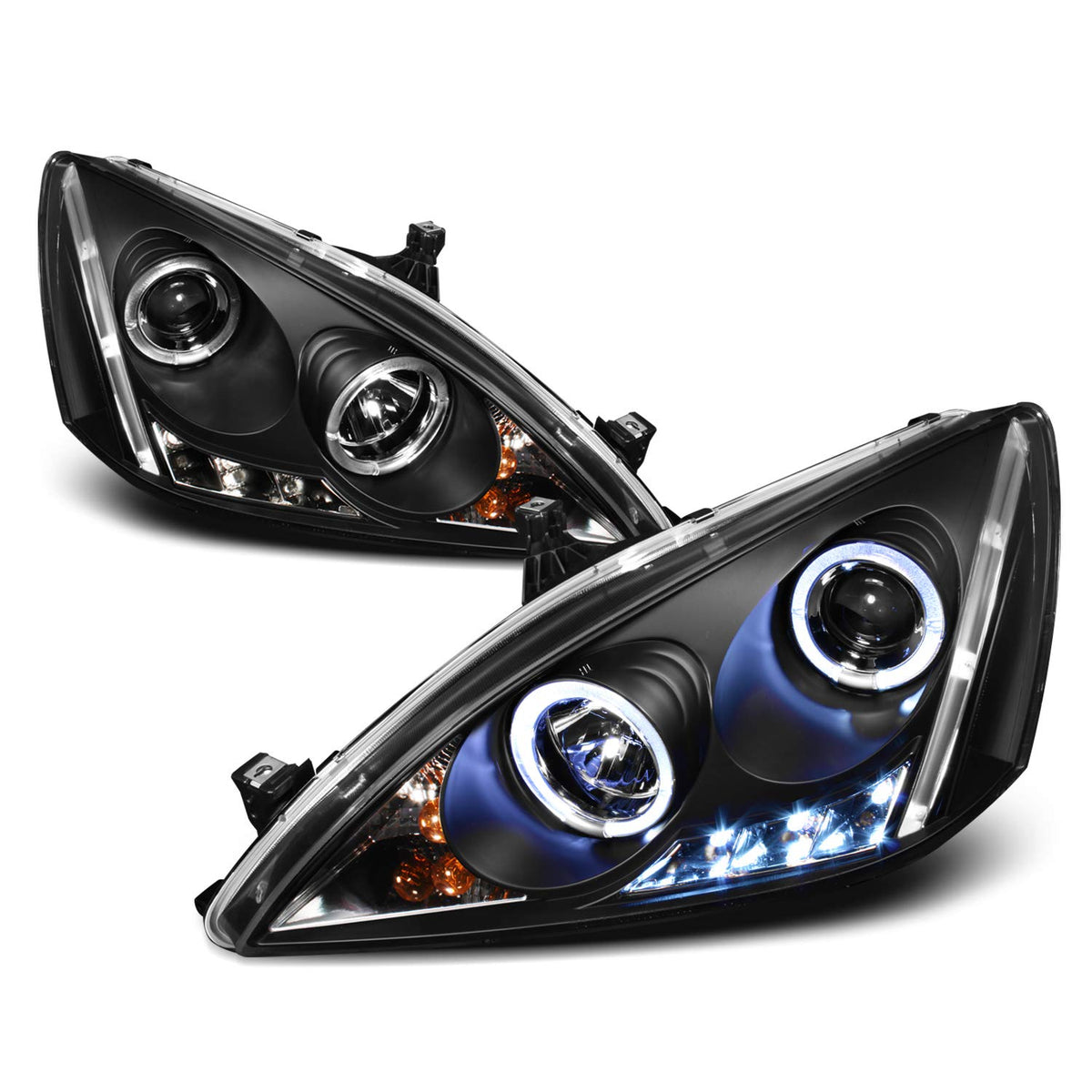 Black Bezel Dual Ring DRL LED Projector Headlights Pair S10959