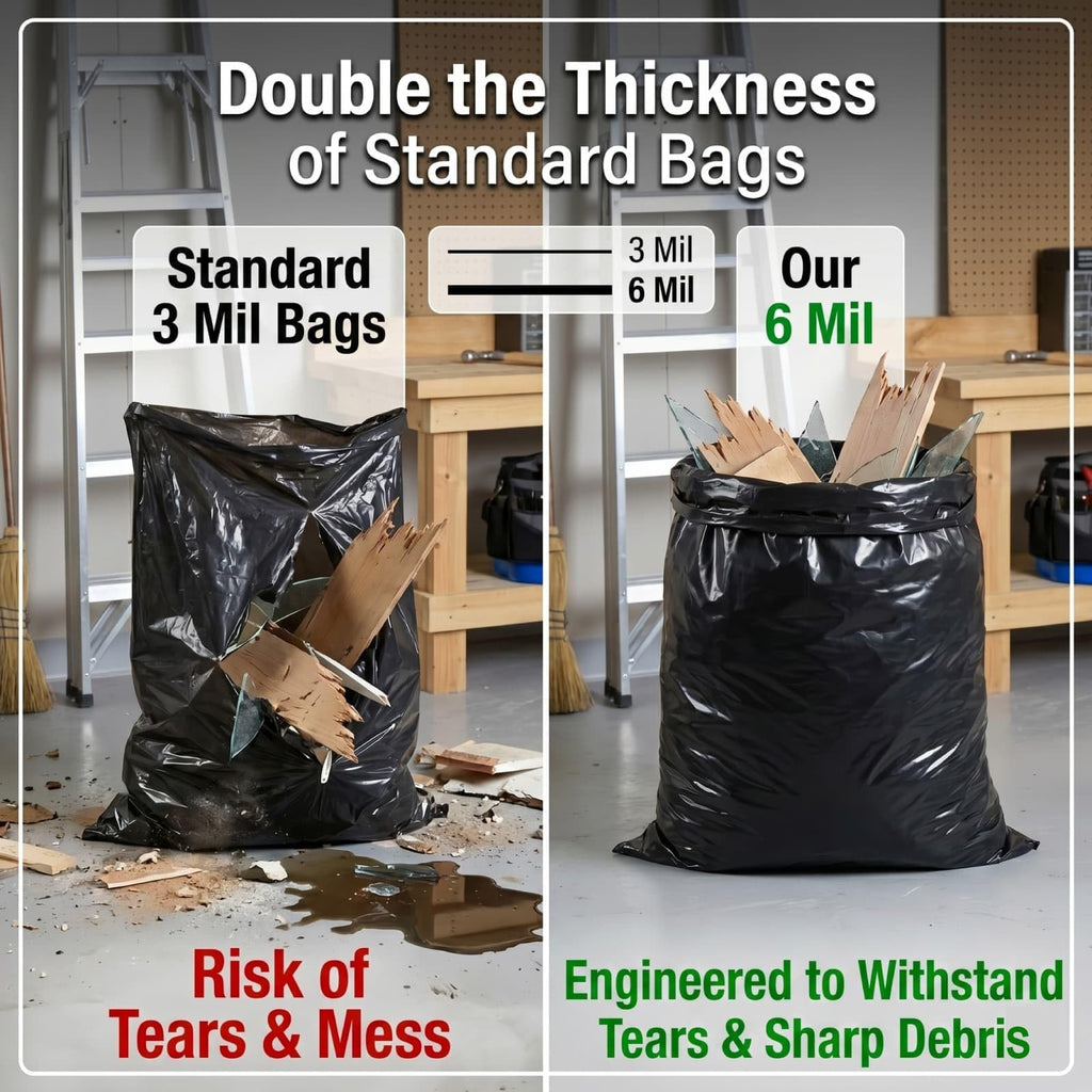 6 Mil Heavy Duty Contractor Trash Bags, 50/55/60 Gallon, Black, 20 Pack R483779