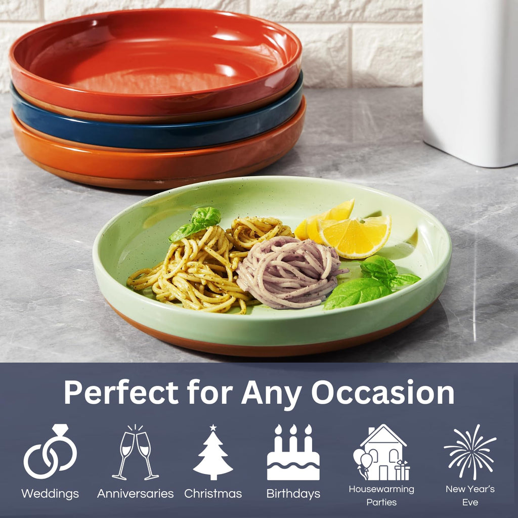 Ceramic Flat Pasta Bowl Plate Set of 4, 35oz Microwave Safe U51040