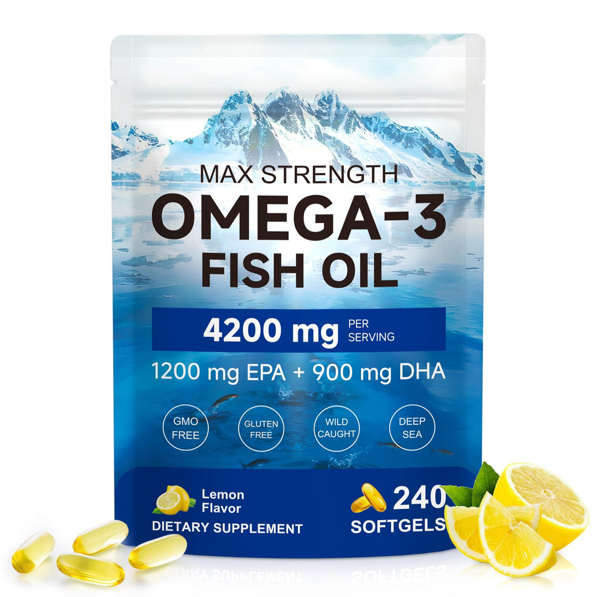 Omega 3 Fish Oil Supplement 240 Softgels Lemon Flavor K236