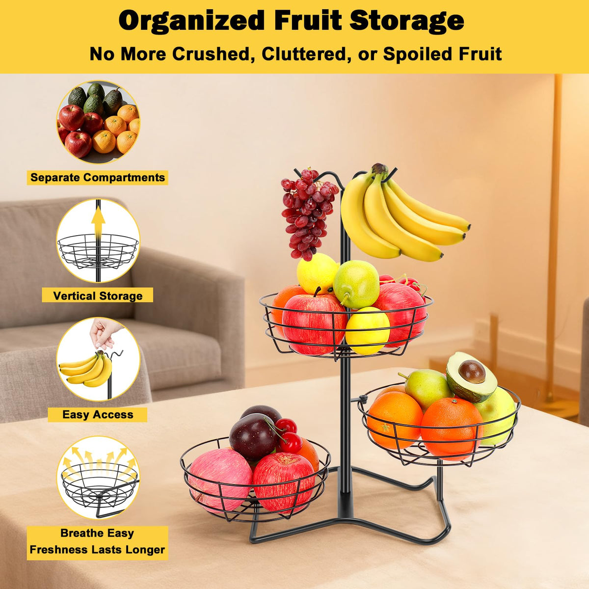 3 Tier Fruit Basket Bowl with 2 Banana Hooks M24720