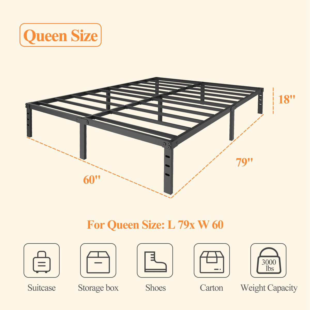 Queen Size 18" Black Metal Frame B8588