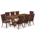 9 Piece Mid-Century Dining Table Set with 8 Burgundy Polyester Chairs B751040