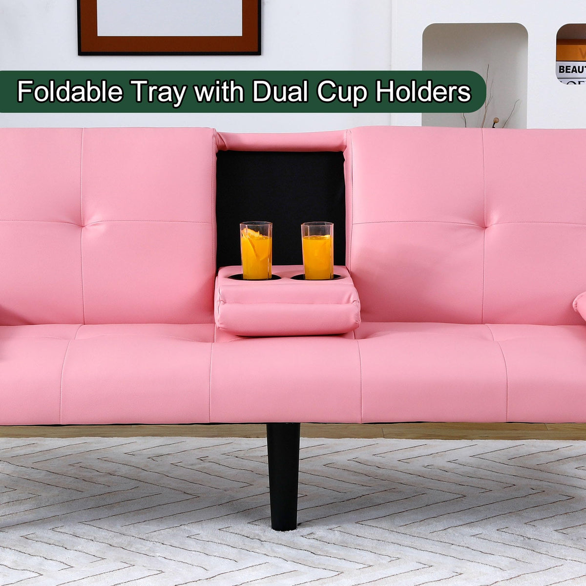 67" Convertible Sofa Bed with Cup Holders, Pink K6040
