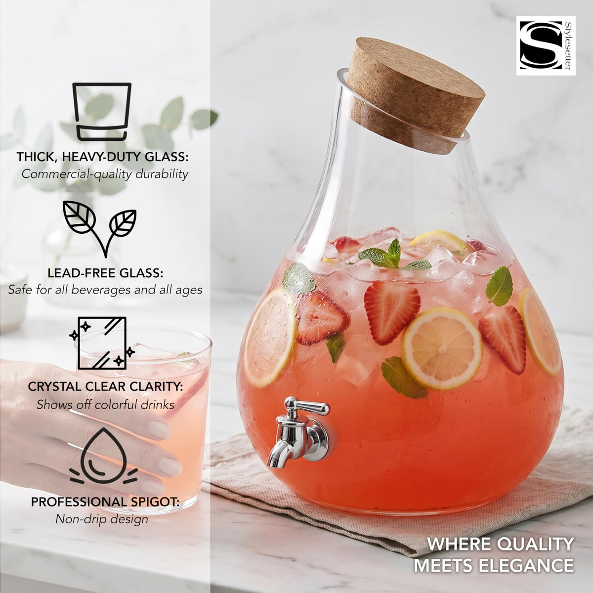 Glass Beverage Dispenser with Cork Lid and Stand 2.5 Gal Z4218